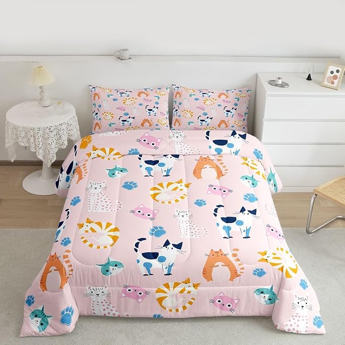 Feelyou Full Size Cute Colorful Cat Bedding for Kids Teen Girls Room Decor Cat Comforter Set Kawaii Pink Kitten Quilt Feline Paw Bed Sets Ultra Soft Microfiber with 3 Piece - Image 4