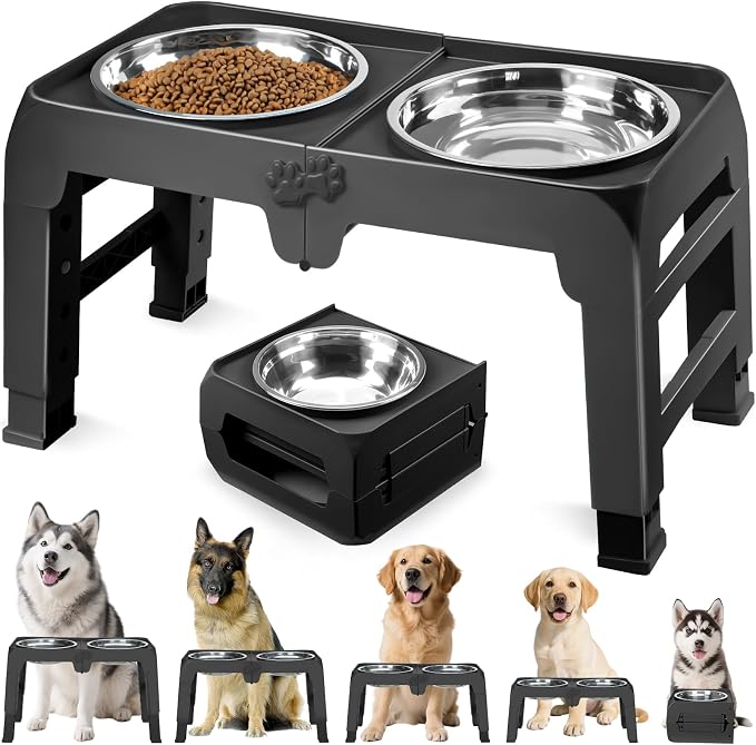 Elevated Dog Bowls for Large Dogs 5 Adjustable Heights 7.5"-15.4", 2 X-Large 10” Stainless Steel Bowls, Heavy Duty Raised Dog Bowl Stand Foldable Pet Feeder for Dogs Shoulder Height Over 15”, Black by COMESOON