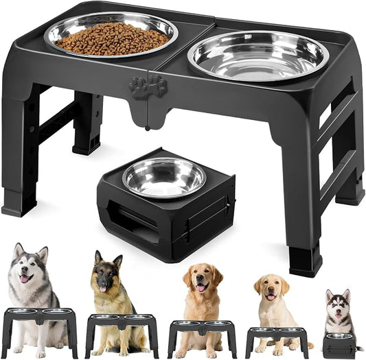 Elevated Dog Bowls for Large Dogs 5 Adjustable Heights 7.5"-15.4", 2 X-Large 10” Stainless Steel Bowls, Heavy Duty Raised Dog Bowl Stand Foldable Pet Feeder for Dogs Shoulder Height Over 15”, Black by COMESOON