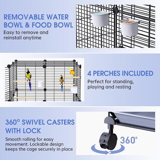 Flight Bird Cage with Wheels, Large Metal Parakeet Cage with Slide-Out Trays, Perches, Bowls & Bird Toys, Indoor Bird Cage for Cockatiel, Budgie, Lovebird, Finch & Small Birds, 25.5"L x 25.5"W x 46"H - Image 4