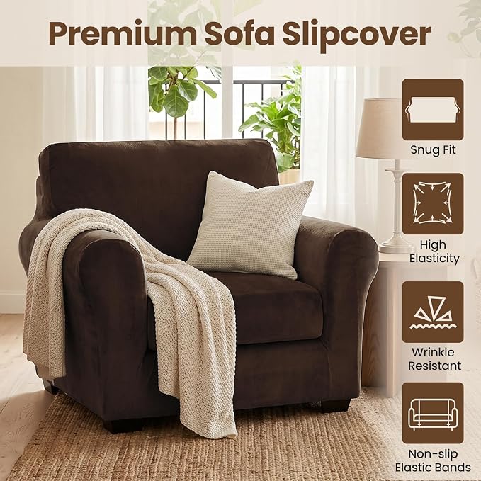 XINEAGE 2-Piece Velvet Armchair Sofa Cover,Couch Covers for Dog,Dark Coffee | 1 Cushion Chair,Stretch Non-slip Elastic, Pet-friendly, Washable, Fast Setup, Soft Plush Fabric, Furniture Protector. - Image 2