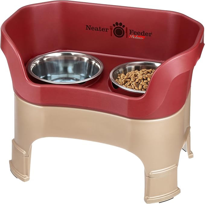 Neater Feeder Deluxe Mess-Proof Elevated Dog Bowls for Large Dogs (40+ lbs), 2 Height Adjustable (14.5” & 17.5”) No-Spill Raised Dog Bowl Stand, Stainless Steel Food Bowl Set, Made in USA, Cranberry by NeaterPetBrands