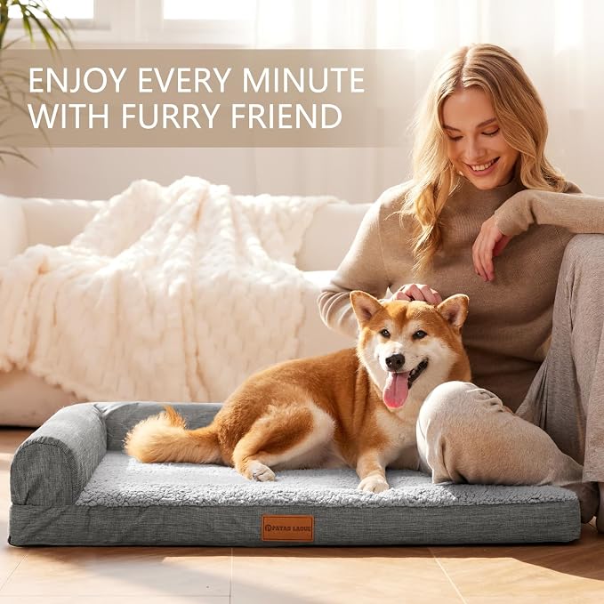 Patas Lague Orthopedic Large Dog Bed Pet Sofa Beds 36''X24'' Grey | L Bolster Egg-Crate Foam Dog Couch For Large Sized Dogs, Waterproof Removable Washable Cover, Pet Mat with Nonskid Bottom - Image 2