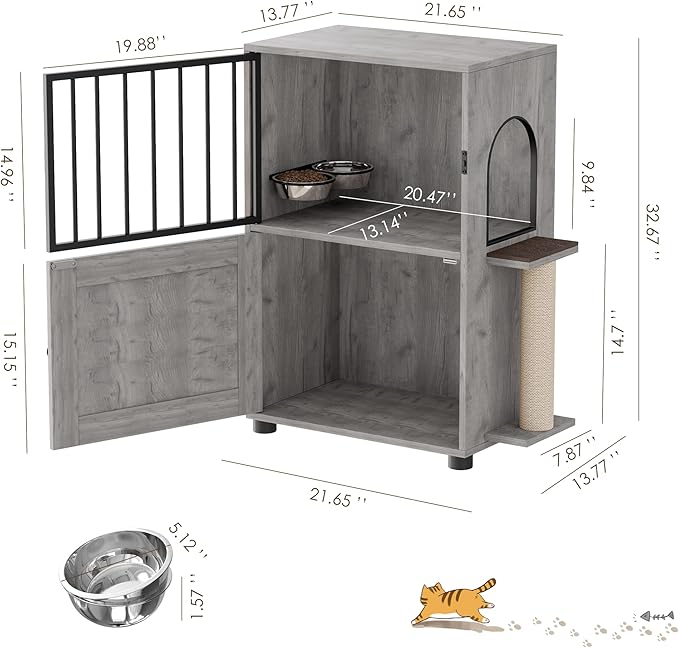 Dog Proof Cat Feeding Station, Dog Proof Cat Feeder, Cat Food Table, Gray | Cat Feeding Station with Scratching Post, Elevated Cat Food Bowls with Stand, Pet Food Storage Cabinet, Cat House - Image 3