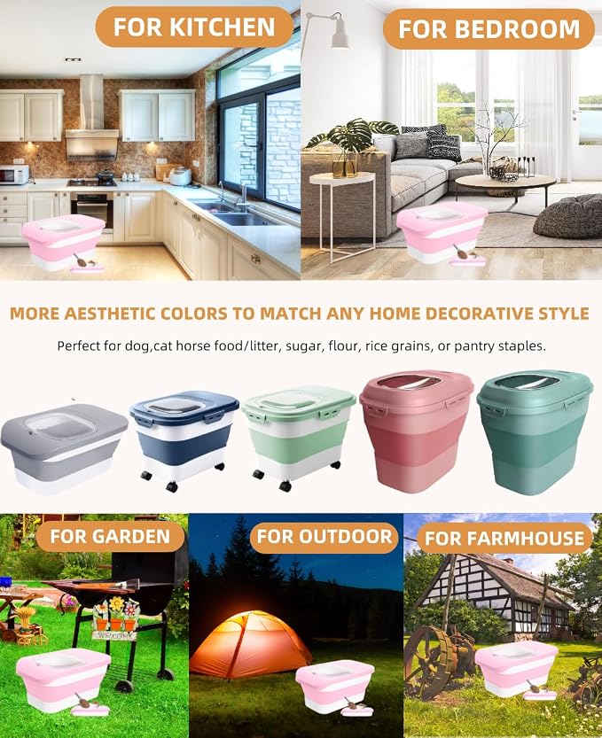 10-13 Lbs Airtight Dog Food Storage Container,Collapsible Pet Food Storage | Dog Food Container with Double Airtight Seal,Cat Food Container Dry Food Fresh,Space Saving,Pest/Mouse-proof,Scoop,Pink - Image 8