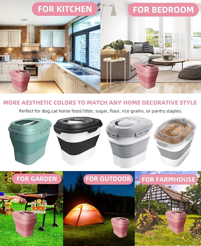30-35Lbs Airtight Dog Food Storage Container,Collapsible Dog Food Container | Large Pet Food Storage Container with Double Airtight Seal & Magnetic Lid,Dog Food Bin with Wheels,2Pcs Containers,Scoop,Pink - Image 8