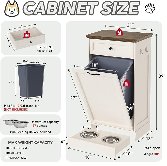 FIMELLO Dog Feeding Station, Tilt-Out Dog Food Storage Cabinet with Drawer,Pet Feeder Cabinet,White Grain - Image 2