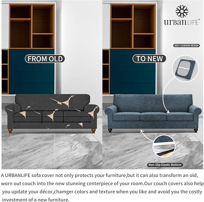 URBANLIFE 4-Piece Stretch Sofa Covers for 3 Cushion Couch, Dusk Blue Gray | Super fitted spandex slipcovers for couches. Non-slip elastic bottom. Machine washable furniture protector for kids & pets. - Image 5