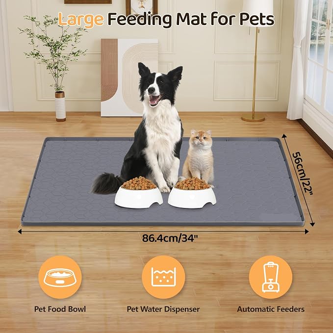 Dog Food Mat 34''x22'' Large Dog Mat for Food and Water,Dark Grey | Silicone Dog Bowl Mat with Raised Edge, Waterproof Non-Slip Pet Feeding Mat for Floors, fit for Dog Cat Bowls - Image 3