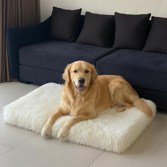 Faux Fur Orthopedic Rectangular Dog Bed, Memory Foam, White Large 41"x27" | Plush Sheepskin Style Furry Rug, Calming for Senior and Large Dogs, Washable Waterproof Cover, Fits Crates and Floors by iHappyDog