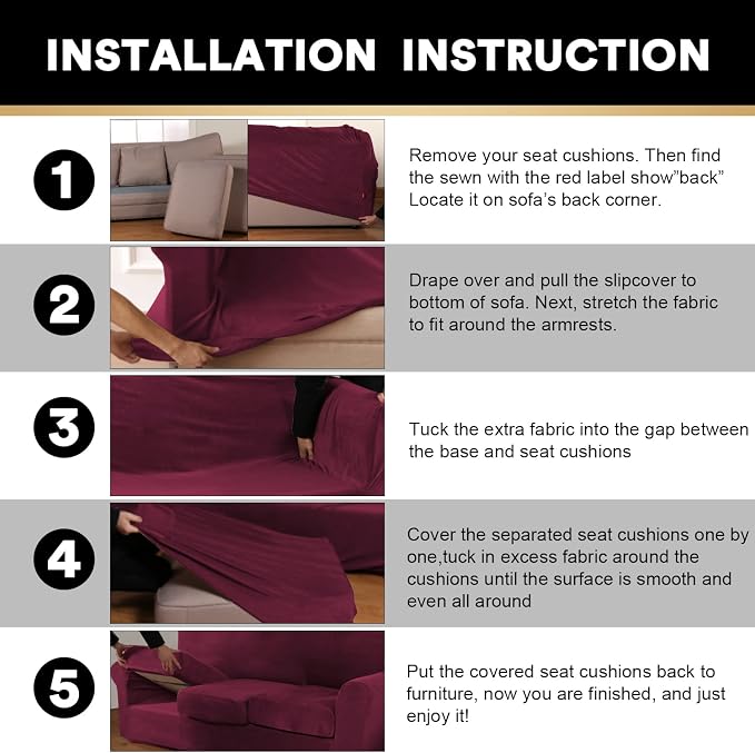PrinceDeco Velvet Plush Couch Cover Stretch 2 Piece Chair Cover Chair Slipcover Washable Furniture Protector Couch Soft with Elastic Bottom Armchair Cover Width Up to 49 Inch(Small, Burgundy) - Image 7