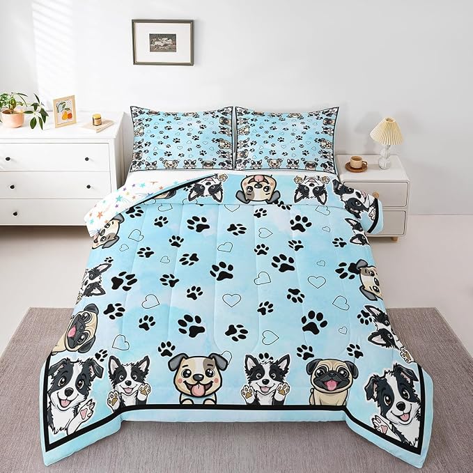 Manfei Cute Dog Paw Comforter Set Twin Size 2 Pcs,Kawaii Dogs Footprint Love Hearts Bedding Set,Cartoon Puppy Pet Animal Lover Blue Quilt Set for Child Bedroom,1 Pillowcase - Image 3