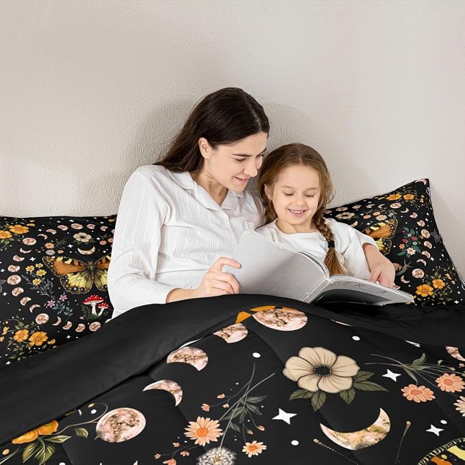 Manfei Bohemia Mushroom Comforter Set Toddler Size,Exotic Botanical Floral Bedding Set for Kids Girls Boys Room Decor,Starry Sky Galaxy Soft Duvet Insert for All Season,1 Pillowcase,Black Brown - Image 3