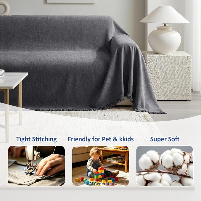 Chenille Armchair Couch Cover for Dogs, Boho Sofa Cover Washable Couch Cover, Pet Throw Blankets for Couches with Tassel Furniture Protector Covers,71"×91",Dark Gray - Image 6