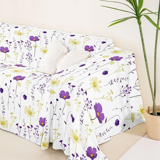 Erosebridal Watercolor Floral Sofa Cover Purple Yellow Flower Couch Cover Modern Minimalist White Sofa Slipcover for Pets, Kids, Dog Rustic Farmhouse Washable Non Slip Couch Protector 71" X 118" - Image 5