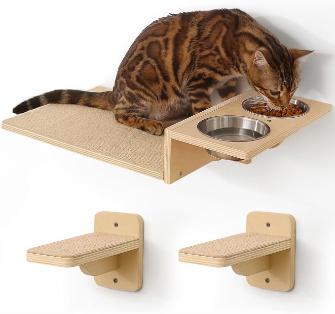 FUKUMARU Cat Wall Shelves, Food Station with 2 Steps | 3 in 1 Cats Walls Furniture Set, Birch Plywood Perch, Suitable for Kitten Play, Nap, Eat, DIY Wall Jungle Gym by FUKUMARU