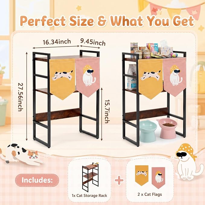 Geelin Cat Feeding Station with Storage, 3-Tier Cat Food Organizer Shelf, Elevated Feeding Area Fits Different Bowl Heights, Space Saving Pet Supply Rack with Decorative Flags(Not Include Bowls) - Image 2