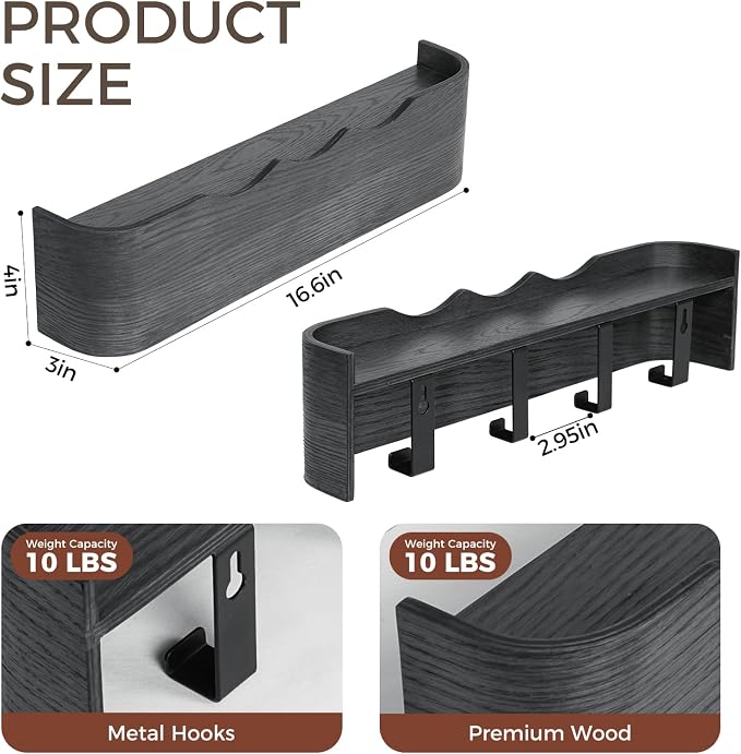 Coat Rack Wall Mount with Shelf Entryway Shelf Modern Key Holder Hanger Wall Shelves with Hidden Hooks for Hanging Towels Coats Hats Bags for Hallway Bathroom Bedroom (Wavy Black, 4 Hooks) - Image 2