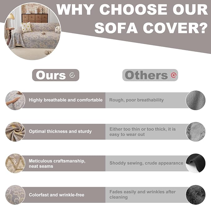 ROOMLIFE Boho Couch Covers for Sofa Washable for 3 Cushion Couch Chenille | Furniture Protector Sofa Couch Cover for Dogs, Soft Breathable Sofa Slipcover, Couch Throw Blankets with Tassels 71''X134'' - Image 6