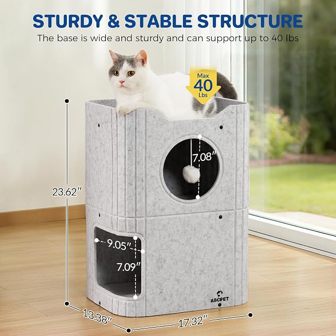 ABCPET Cat House for Indoor Cats, Cat Condo Cat Bed Cave, Felt Cats Hideaway Condo with Resistant Scratching Freedom Kitten Cube & Hanging Ball, Light Gray - Image 2