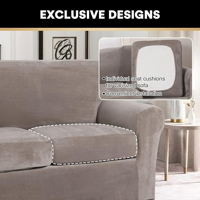 PrinceDeco Couch Cover Velvet Plush Sofa Covers for 2 Cushion Couch Width Up to 90 Inch Washable Furniture Protector Pet Friendly No Slip Sofa Slipcover(Medium-Large,Taupe) - Image 5