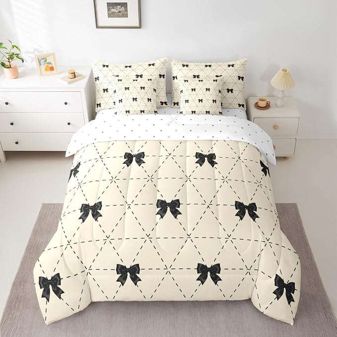 Erosebridal Black Bow 7 Piece Comforter Set King for Kids Bedroom | Modern Bow Tie Bedding Set for Girls Coquette Bows Comforter with Sheets Girly Bowknot Striped Geometric Soft Warm Quilt Duvet - Image 2