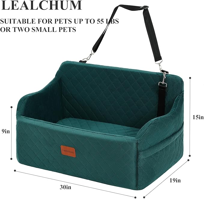 Dog Car Seat for Medium/Large Dogs,2 Clip-On Safety Leashs for 2 Small Dogs,Removable and Washable Comfy Pet Car Seat,Easy to Install and Clean (Green, Large)
