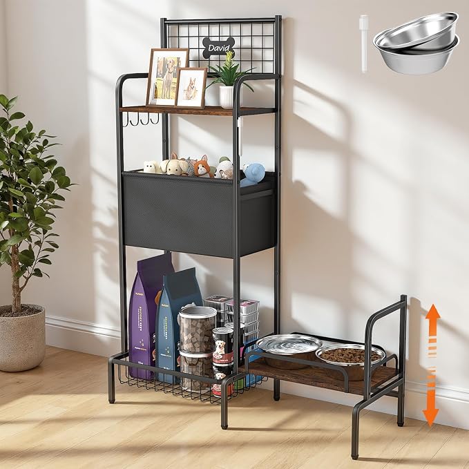Dog Feeding Station Storage Organizer with Elevated Dog Bowl Stand | Adjustable Elevated Dog Bowl Stand, Large Toy Bin Basket, Lifted Food and Water Bowl Holder for Large Medium Small Breed by Tivray