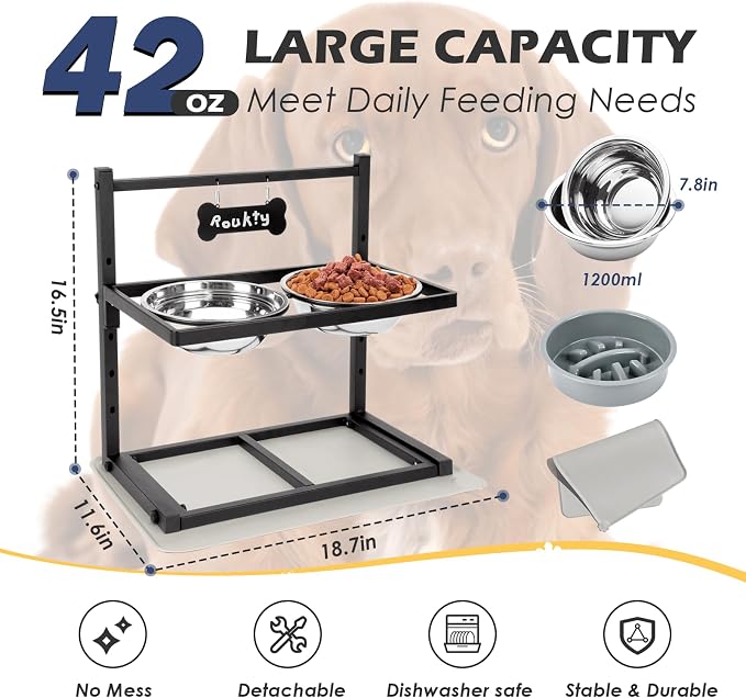 ADENGL Elevated Dog Bowls with Slow Feeder, 5 Adjustable Heights, Anti-Slip, Durable Metal Frame, Spill Proof Mat, Rust-Resistant Bowls, Easy to Clean - Image 5