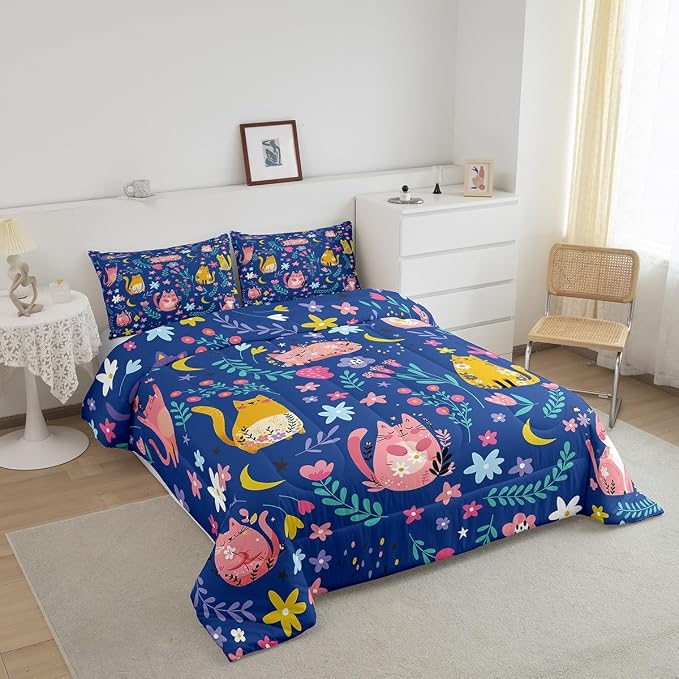 Feelyou Kids Funny Cats Bedding Set Girls Cute Flower Cartoon Kitty Kitten Comforter Set King Size Animal Theme Duvet Insert Girly Kawaii Room Blue Decor - Image 2