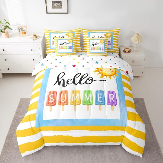 Erosebridal Kids Summer Beach Comforter Set with Sheets Twin, Yellow Stripes Bed in A Bag for Girls Boys Teens Women Men, Funny Geometric 7-Piece Bedding Set, Sun Colorful Ice Cream Popsicle Bed Sets by Erosebridal