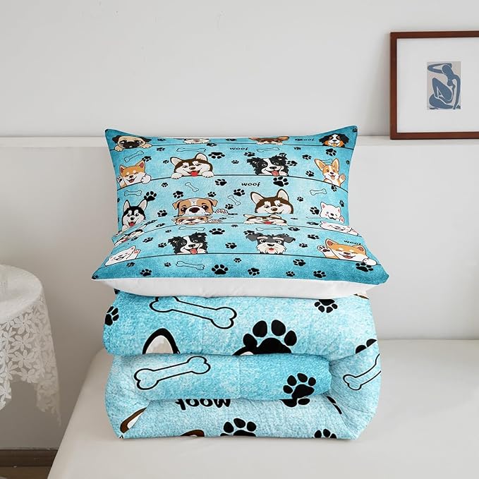 Manfei Cute Dog Comforter Set for Kids Room Decor Cartoon Puppy Pet Animals Bedding Comforter Full Size Black Paw Print Blue Soft Polyester Quilt Set with 2 Pillowcases - Image 5