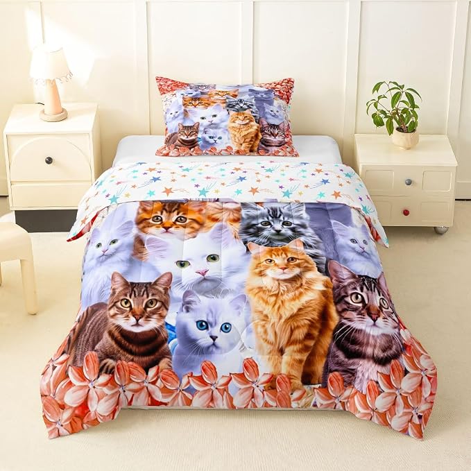 Feelyou Kids Cute Pet Cats Toddler Bedding Set for Boys Girls 3D Cartoon Animal Comforter Red Floral Cat Lover's Decor Quilt Set with 2 Pillowcases 3Pcs Full - Image 8