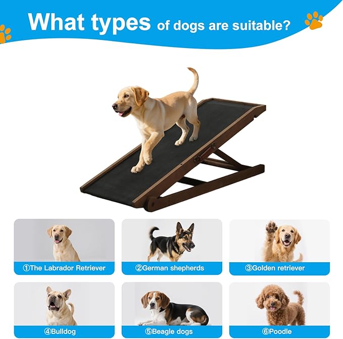 Dog Ramp for Bed and Couch- 5 Height Adjustable Premium Solid Wood Pet Ramp for Small, Medium Dogs, Collapsible Anti-Slip Dog Ramp for Sofa, Couch & Beds (Brown, 115)
