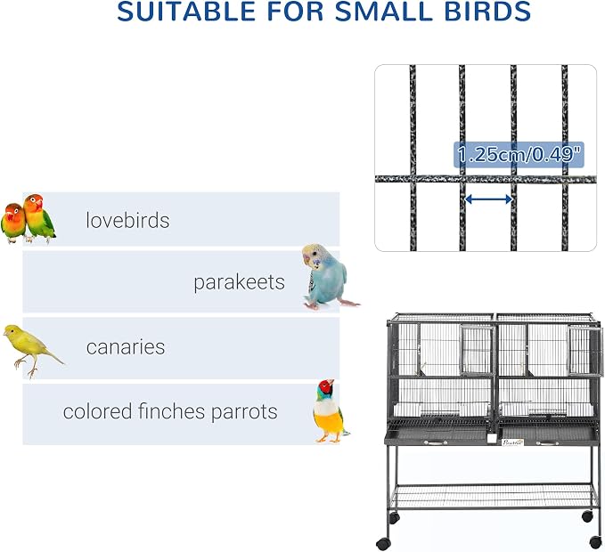 PawHut Divided Breeder Bird Cage with Rolling Stand Removable Metal Tray, Storage Shelf, Wood Perch, and Food Container | Storage Shelf, Wood Perch, Food Container - Image 4