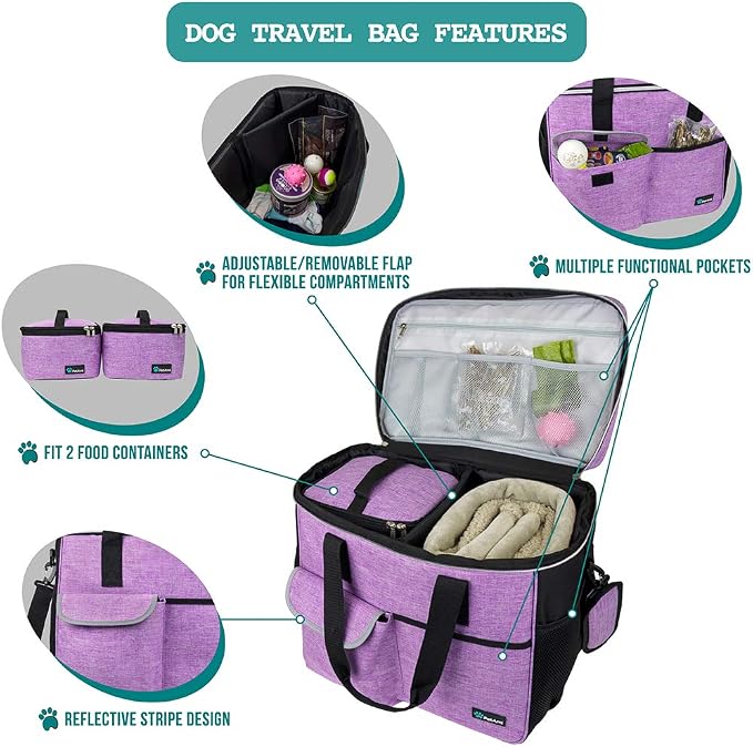 PetAmi Dog Travel Bag Organizer, Pet Travel Kit with 2 Food Containers & 2 Collapsible Dog Bowls, Pet Supplies Tote with Luggage Sleeve, Weekend Road Trip Camping Essentials, Purple, Large - Image 4