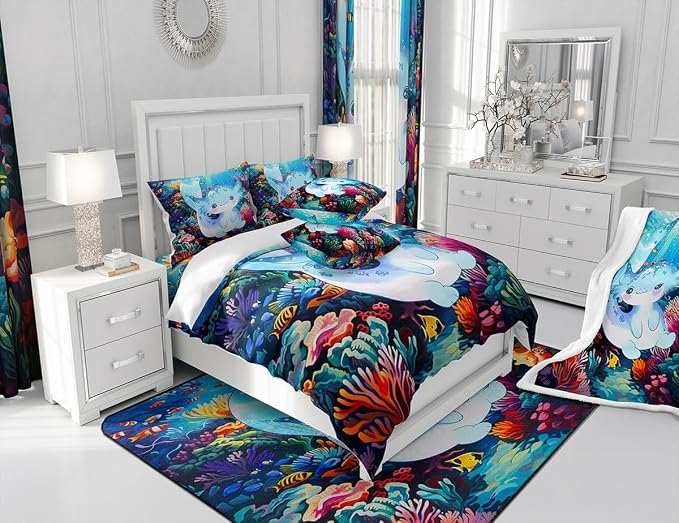 Manfei 3D Print Axolotl Comforter Set for Girls Kids,Cute Blue Ocean Animal Salamander All Season Cozy Bedding Set Full Size,Watercolor Undersea Coral Seaweed Duvet Set Bedroom Decor - Image 6
