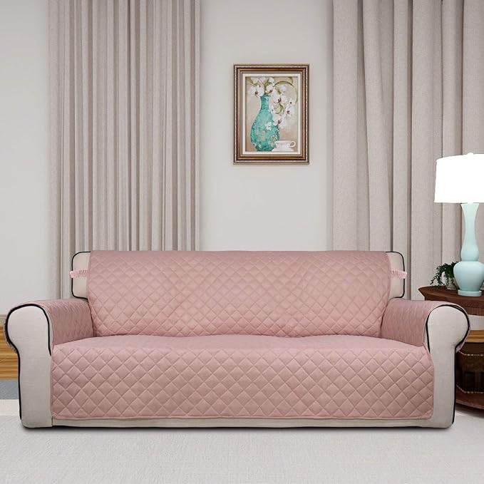 PureFit Reversible Quilted Sofa Cover, Water Resistant Slipcover Furniture Protector, Washable Couch Cover with Non Slip Foam and Elastic Straps for Kids, Dogs, Pets (X Large, Pink/Beige) | Pink/Beige, Water Resistant Couch Protector, Washable Pet Couc... - Image 2