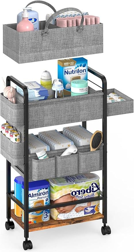 LIDTOP 2In1 Baby Diaper Caddy & 4-Tier Rolling Diaper Cart, Diaper Caddy Organizer Cart with Dividers & Drawer, Mobile Metal Bedside Cart for Nursery Essentials Storage, Large Capacity by LIDTOP