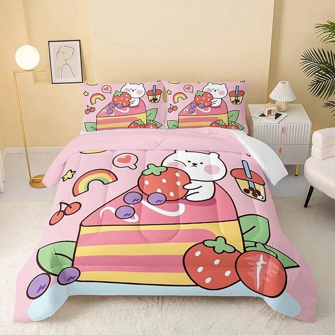 QOOMO Kawaii Bear Comforter Twin, Pink Set for Kids Teens Girls, 3Pcs Bedding With 2 Pillowcases, Down Alternative, Soft and Lightweight, Twin Size by QOOMOHOME