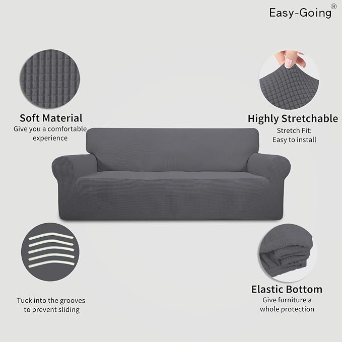 Easy-Going Stretch Couch Covers for Sofa Washable Large Gray | 1-Piece Sofa Covers for 3 Cushion Couch Furniture Protector Couch Slipcover Soft with Bottom for Kids Pets - Image 3