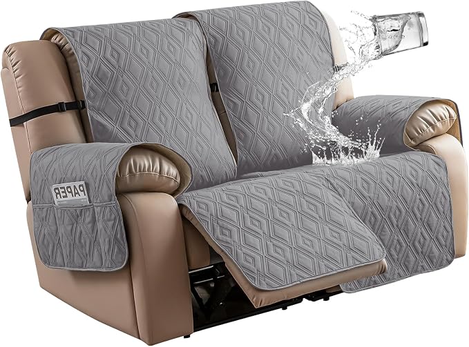 Genina Loveseat Recliner Cover Non-Slip, Sofa Cover for Reclining Couch 2 Seat, Loveseat Covers Double Recliner Furniture Protector Cover with Elastic Straps for Pets (Light Gray, Recliner Loveseat) by Genina