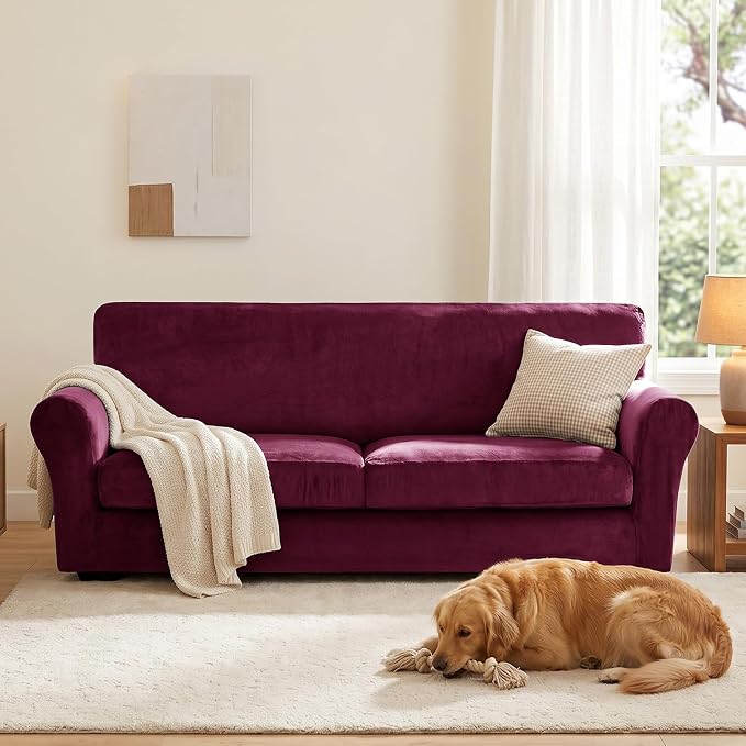 XINEAGE 3-Piece Velvet Sofa Cover,Couch Covers for Dog,Wine Red | 2 Cushion Sofa,Stretch Non-slip Elastic, Pet-friendly, Washable, Fast Setup, Soft Plush Fabric, Furniture Protector. - Image 4