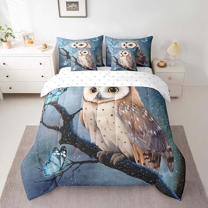 Erosebridal 7 Pcs Owl Comforter Set Twin Size, Cartoon Owl Bed in a Bag with Flat Sheet and Fitted Sheet for Kids and Adults, Watercolor Animal Style Bedding Set with Pillowcases & Shams by Erosebridal