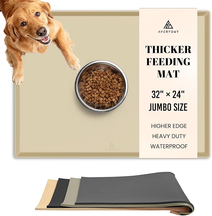 AVERYDAY 100% Waterproof Thicker Silicone Dog Food Mat, 0.63'' Raised Edge Bowl Mat for Food & Water, Non Slip Pet Feeding Placemat for Messy Drinkers, Perfect for Large Medium Small Breeds, 32"x24" by YourAveryDay