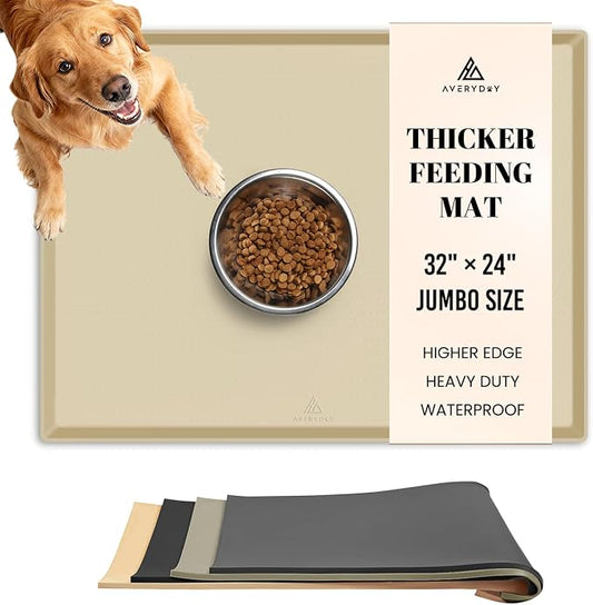 AVERYDAY 100% Waterproof Thicker Silicone Dog Food Mat, 0.63'' Raised Edge Bowl Mat for Food & Water, Non Slip Pet Feeding Placemat for Messy Drinkers, Perfect for Large Medium Small Breeds, 32"x24" by YourAveryDay