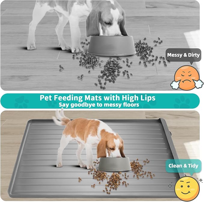 Dog Mat for Food and Water - 39.4" x 27" Large Pet Feeding Mats with Residue Collection Pocket - Waterproof Dog Cat Bowl Mat with High Edges to Prevent Water and Food Spills (Light Grey) | Waterproof Pet Bowl Mat with Residue Collection Pocket and High... - Image 3
