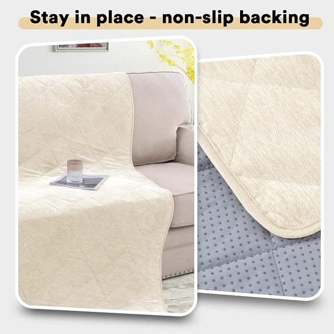 PrinceDeco Couch Covers for Dogs Chenille Sofa Covers for 3 Cushion Washable Quilted Checkered Fuzzy Pet Couch Cover Soft Couch Protector Non-Slip Sofa Pads for Puppy Cat Kids(34.5" x 70", Ivory) - Image 5