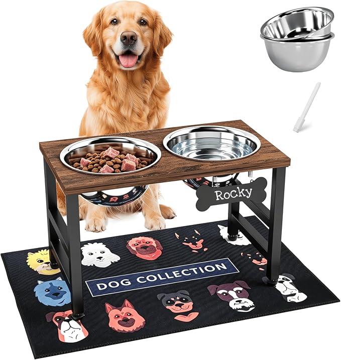 10" Tall Elevated Dog Bowls, Wooden & Metal Raised Dog Bowl Stand with 2 Stainless Steel Bowls-1700ml Capacity & Non-Slip Mat, Easy-Clean for Indoor/Outdoor Use by ADENGL