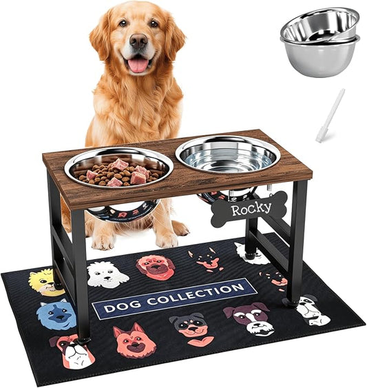 10" Tall Elevated Dog Bowls, Wooden & Metal Raised Dog Bowl Stand with 2 Stainless Steel Bowls-1700ml Capacity & Non-Slip Mat, Easy-Clean for Indoor/Outdoor Use by ADENGL
